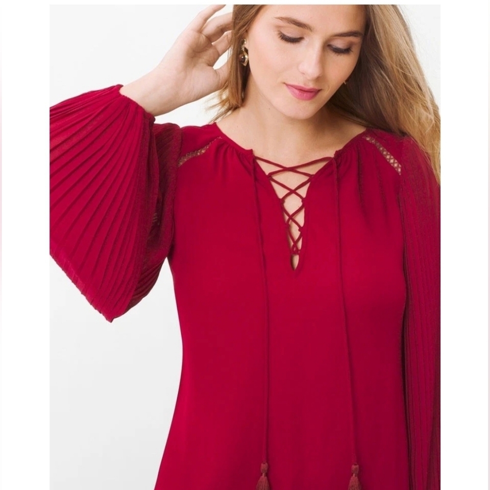 NWT $98 White House Black Market Red Burgundy Long Pleaded Sleeve Blouse Sz 0